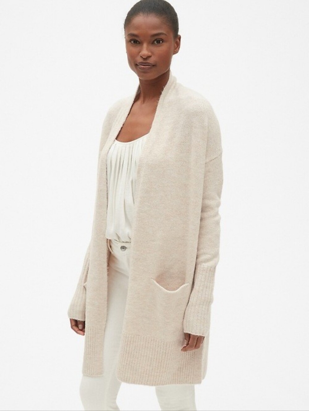 GAP Longline Open-Front Cardigan Sweater In Oatmeal Heather